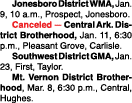  Jonesboro District WMA, Jan  9, 10 a m , Prospect, Jonesboro   Canceled — Central Ark  District Brotherhood, Jan  11   