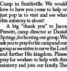 Camp in Smithville. We would love to have you come to help or just pop in to visit and see what this ministry is abou...