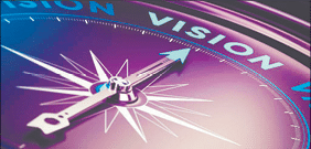 Compass with needle pointing the word vision with blur effect plus blue and black tones  Conceptual image for immustration of company or business anticipation or strategy