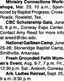  Ministry Connections Workshops, Mar  23, 10 a m ; Sponsored by Baptist Progress; CrossRoads, Rowletst, Tex  CBC Scho   