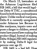 On March 13, lawmakers at the Arkansas Legislature filed HB 1605, a bill that would legalize Delta 8 THC, a cannabin...
