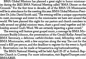  BMA Global Missions has planned a great night to honor missionaries during the 2023 BMA National Meeting called “BMA...