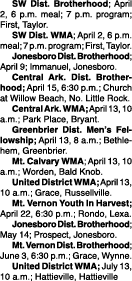  SW Dist. Brotherhood; April 2, 6 p.m. meal; 7 p.m. program; First, Taylor. SW Dist. WMA; April 2, 6 p.m. meal; 7 p.m...