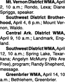  Mt  Vernon District WMA, April 2, 10 a m ; Rondo, Lexa; Diane Spriggs, speaker  Southwest District Brotherhood, Apri   
