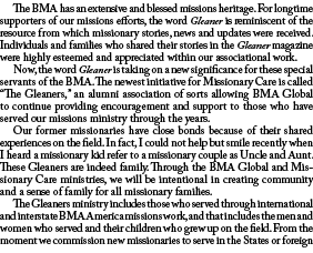  The BMA has an extensive and blessed missions heritage. For longtime supporters of our missions efforts, the word Gl...