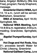 kana; Angelyn McMurry (We Are Free), program; Randy Shepherd, message  Greenbrier District WMA, April 14, 10 a m ; lu   
