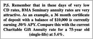 P S  Remember that in these days of very low CD rates, BMA Seminary annuity rates are very attractive  As an example,   