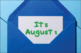 It's August text in message at blue envelope.