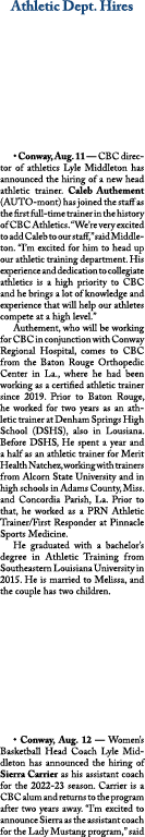 Athletic Dept. Hires • Conway, Aug. 11 — CBC director of athletics Lyle Middleton has announced the hiring of a new h...