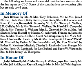  The following are honor and memorial contributions received since the last report by CBC. Some of the contributions ...