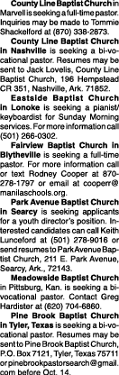  County Line Baptist Church in Marvell is seeking a full-time pastor. Inquiries may be made to Tommie Shackelford at ...