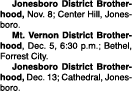  Jonesboro District Brotherhood, Nov. 8; Center Hill, Jonesboro. Mt. Vernon District Brotherhood, Dec. 5, 6:30 p.m.; ...