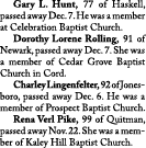  Gary L. Hunt, 77 of Haskell, passed away Dec. 7. He was a member at Celebration Baptist Church. Dorothy Lorene Rolli...