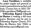  Larry Geraldson is available for pulpit supply and pastoral or interim pastoral service as the Lord leads. Contact h...